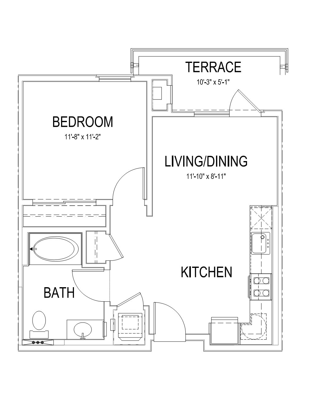 Floor plan for 1 bed, 1 bath, 598 sqft